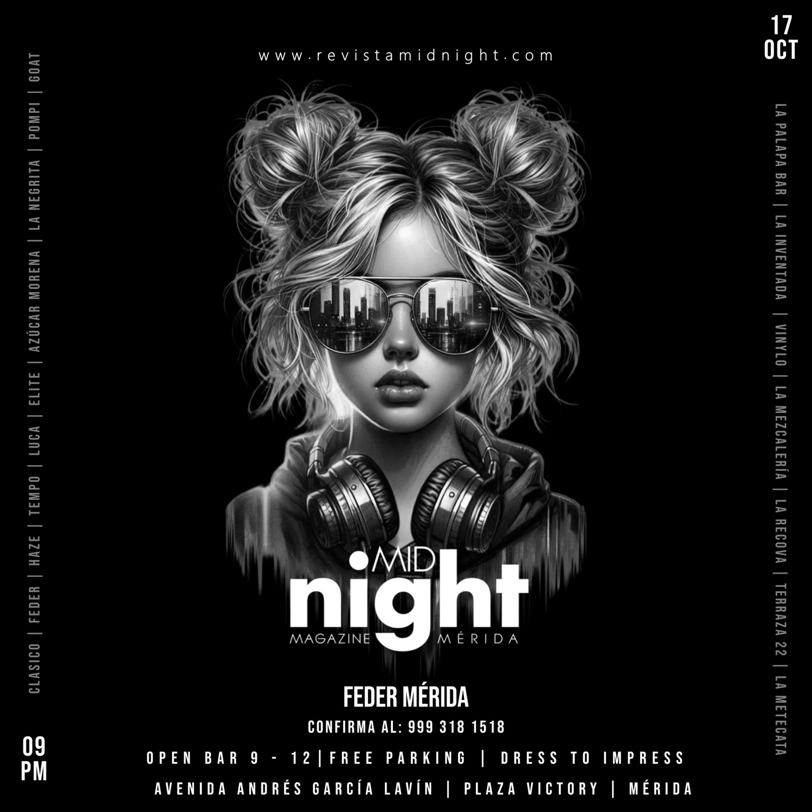 Flyer Midnight Magazine Mérida — evento 17 de octubre