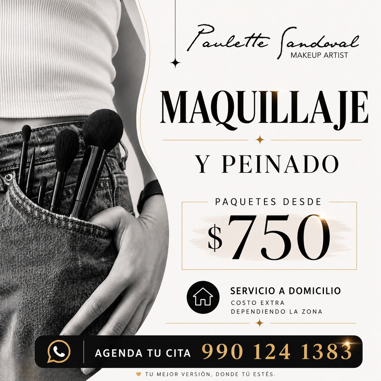 Flyer Paulette Sandoval — maquillaje y peinado desde $750
