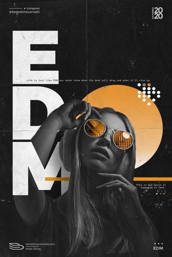 Poster EDM — tipografía editorial en blanco y negro con acento naranja