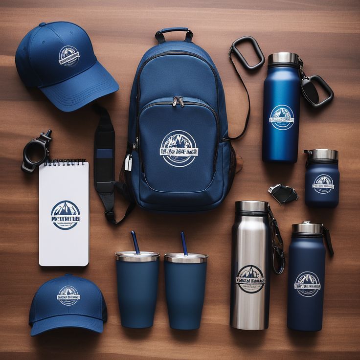 Branding outdoor en azul: mochila, termos y gorras