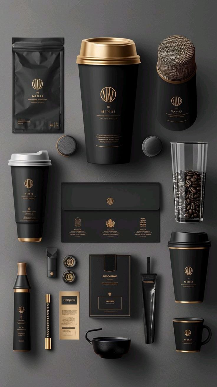 Identidad premium en negro y dorado: packaging y línea de café